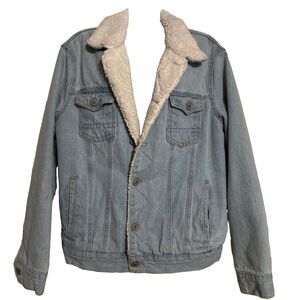 Sunrise Kingdom Mens Sherpa Lined Denim Jacket Light Wash Blue Small